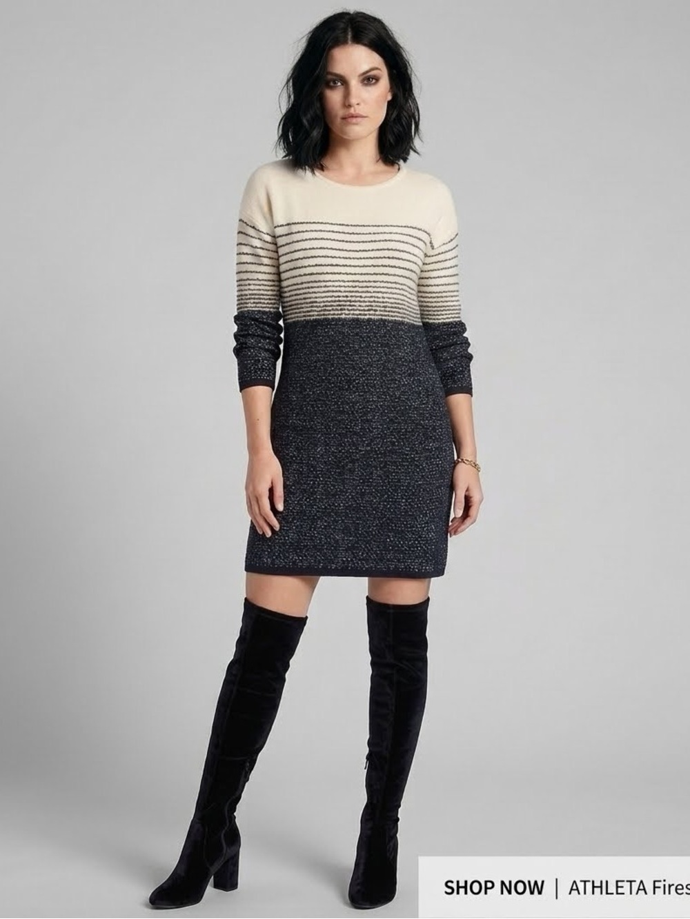 Athleta Size S Black and Cream Fireside Merino Wool Sweater Dress